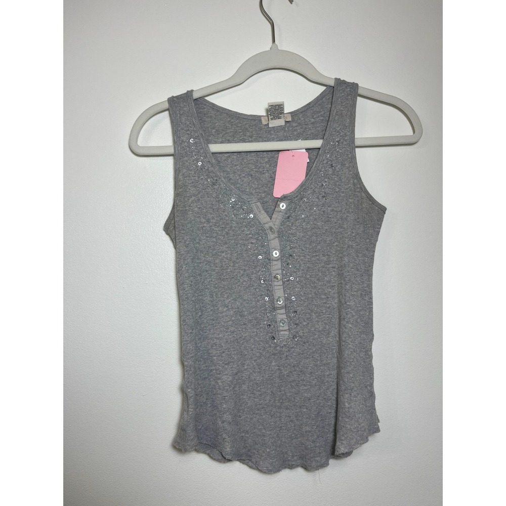 Love Rocks Heather Grey Sequin Ribbed Henley Tank‎ Top
